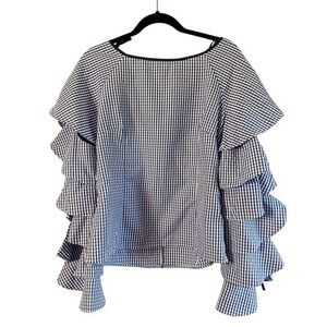 Blue Gingham Ruffle Sleeve Top Tie Detail Cottagecore Blouse M NWT